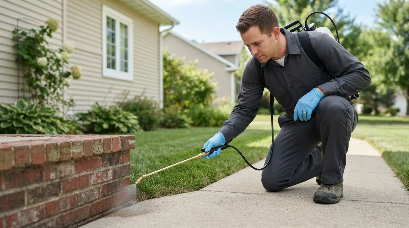 Pest control technician treating a home near Owasso, OK